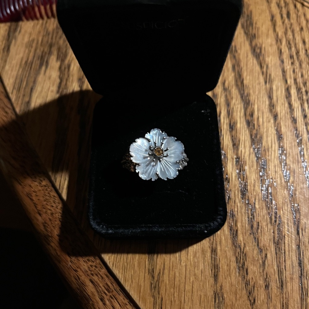 Beautiful Suspicion Mother of Pearl, Marcasite, and Topaz Ring. Vintage.